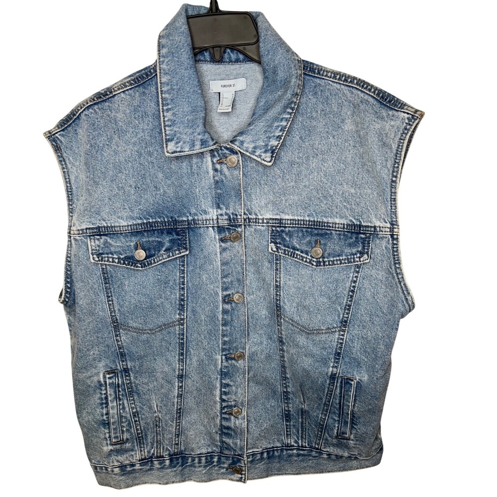 Forever 21 Womens Acid Wash Denim Vest Jacket Medium Sleeveless Button Up